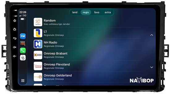 Autoradio Navibop avec liste de stations de radio : Random, L1, NH Radio, Omroep Brabant, Omroep Flevoland, Omroep Gelderland.
