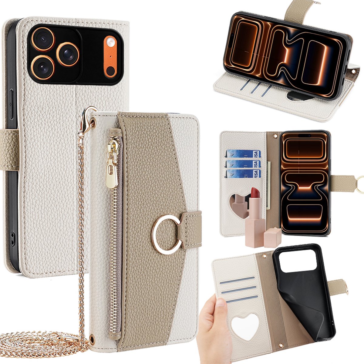 Modieuze Wallet Case – Geschikt voor Apple iPhone 17 Pro Max – Luxe Telefoonhoesje met Polsband en Schouderkoord - Wit
