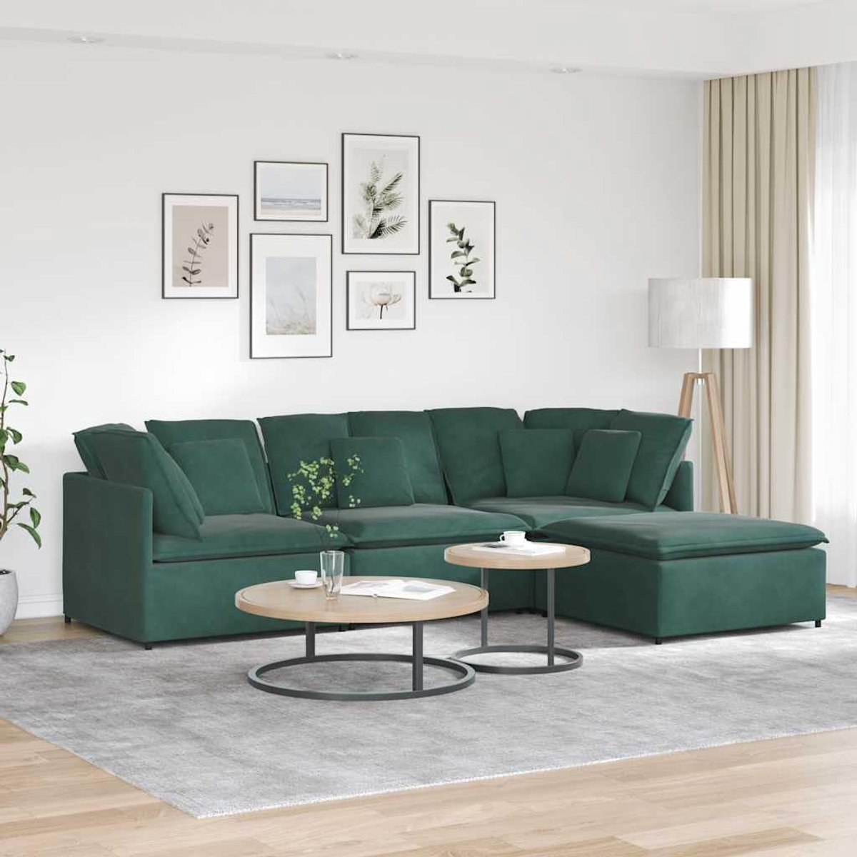 Modulaire L-Vormige Sofa met Voetenbank en Kussens – Luxe Donkergroene Fluwelen Bank voor Woonkamer, Lounge, Appartement of Kantoor – Comfortabele Modulair Sectiebank met Verstelbare Opstelling