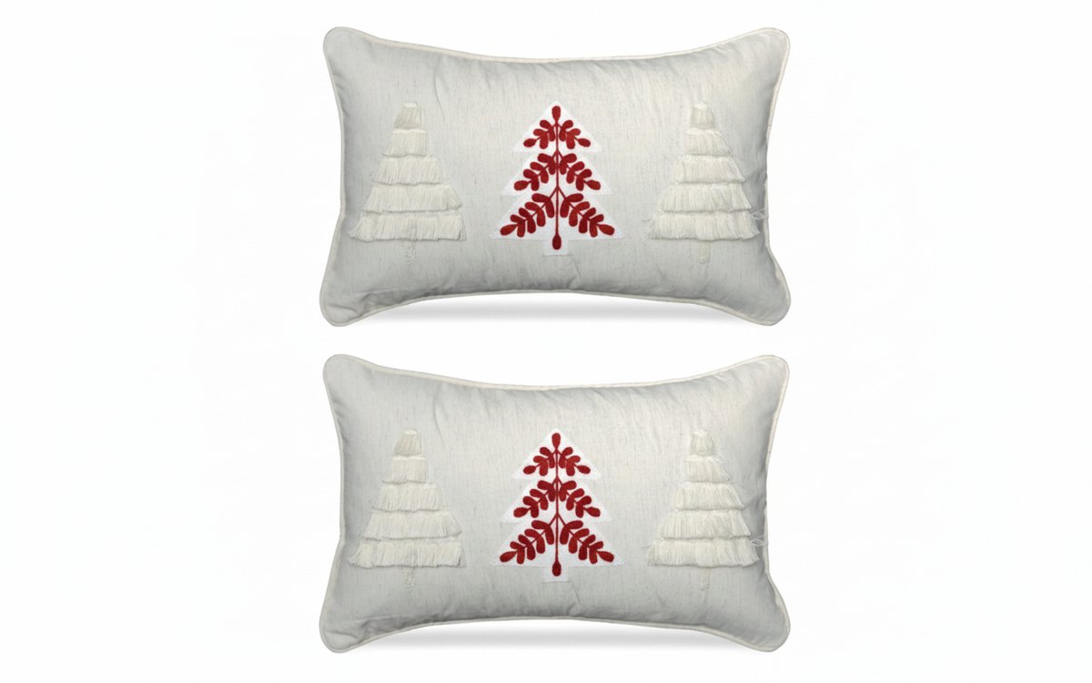 Kerstkussen Set van 2 Kussenhoezen Geborduurd met Bies en Bomenmotief - Rechthoekige Kussenhoesjes voor Kerst - Kerstkussens Scandinavisch Design - 30x50 cm - Katoen/Linnen Kussenhoes - Rood/Wit - Zonder Binnenkussen – foto 2