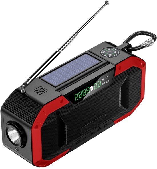 Denk Vooruit - Camp & Survive Solar BT Radio – Rood - Solar & Hand-Crank Noodradio | Bluetooth 5.0 Speaker, 5000mAh Powerbank, LED Lamp & AM/FM