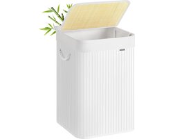 SONGMICS Wasmand, 95 L wasmand met deksel, bamboe wasbox met handgrepen, opvouwbaar, afneembare waszak, machinewasbaar, wasruimte, wit LCB060W01