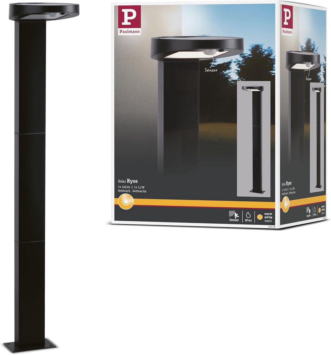 Zonne-energie Tuinpaal LED Buitenlamp - Antraciet, 3000K Warm Wit