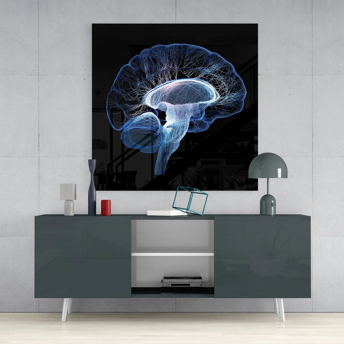 Insigne Art Glasschilderij Vierkant – Abstract Neuraal Brein – Moderne Wanddecoratie – Zwart & Blauw - 100x100 cm