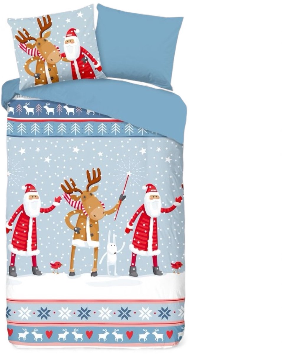 Bedsupplies - Kerst Dekbedovertrek Clause - 140x200/220 - Flanel - Wit/Rood/Blauw