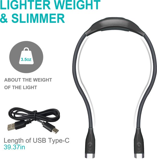 LED-neklamp, oplaadbaar via USB, handsfree, 4 superheldere LED-lampen, 3 instelbare helderheidsniveaus, perfect om in bed te lezen, te breien, te wandelen, te joggen en om 's avonds te ontspannen (zwart). van Merkloos — afbeelding 3