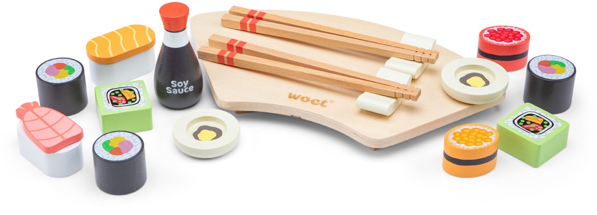Woet® Houten Sushi Speelset - 21-delig Japans Rollenspel Speelgoed - Inclusief Stokjes, Sojasaus en Serveerplank - Speelgoedeten - Educatief Keukenspeelgoed - Vanaf 3 Jaar — afbeelding 4