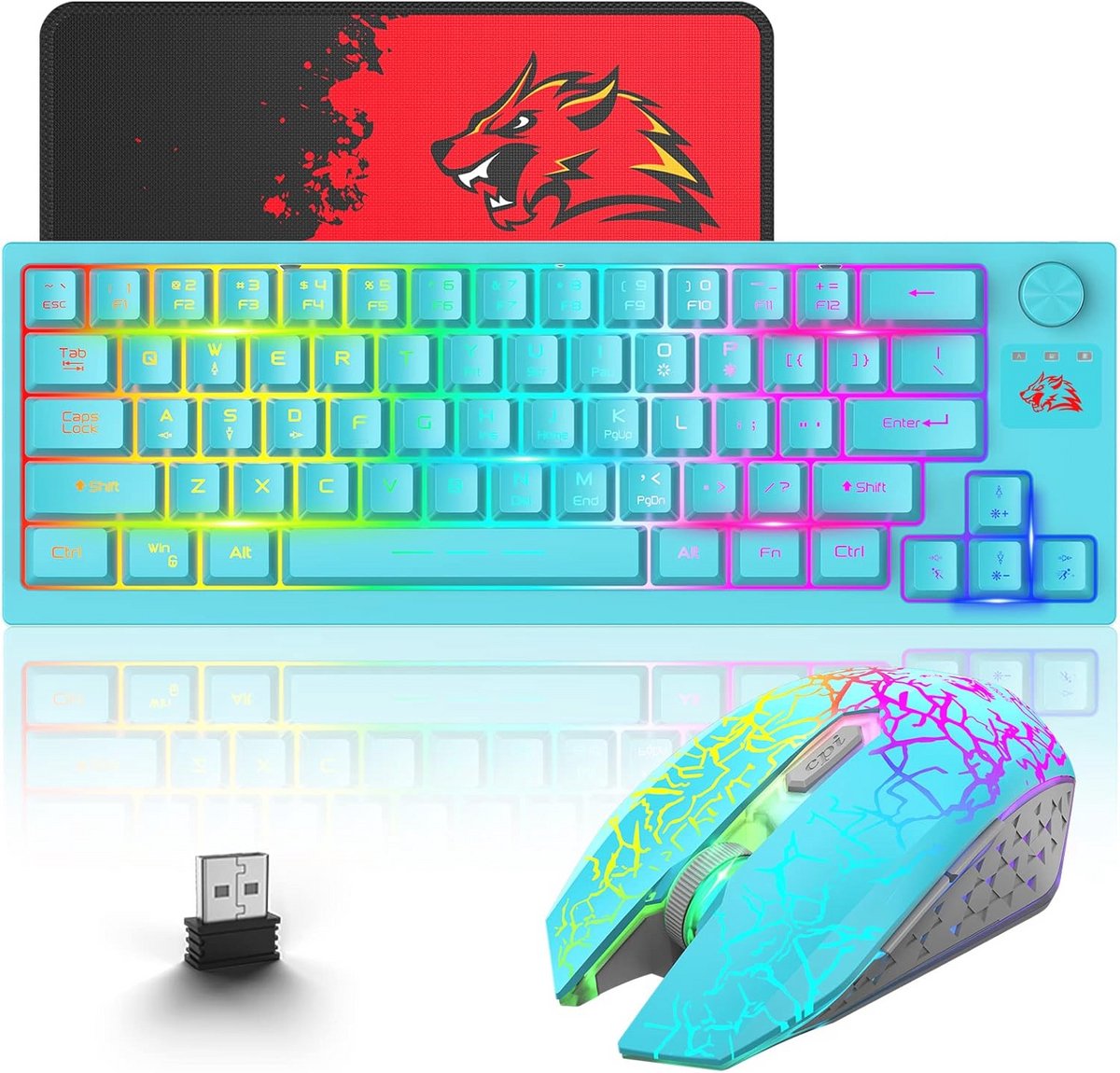Draadloos Gaming Toetsenbord en Muis Combo - 64 Toetsen RGB Verlichting met Oplaadbare Batterij en Muispad - Compatibel met PS4/PS5/PC/Laptop - Blauw