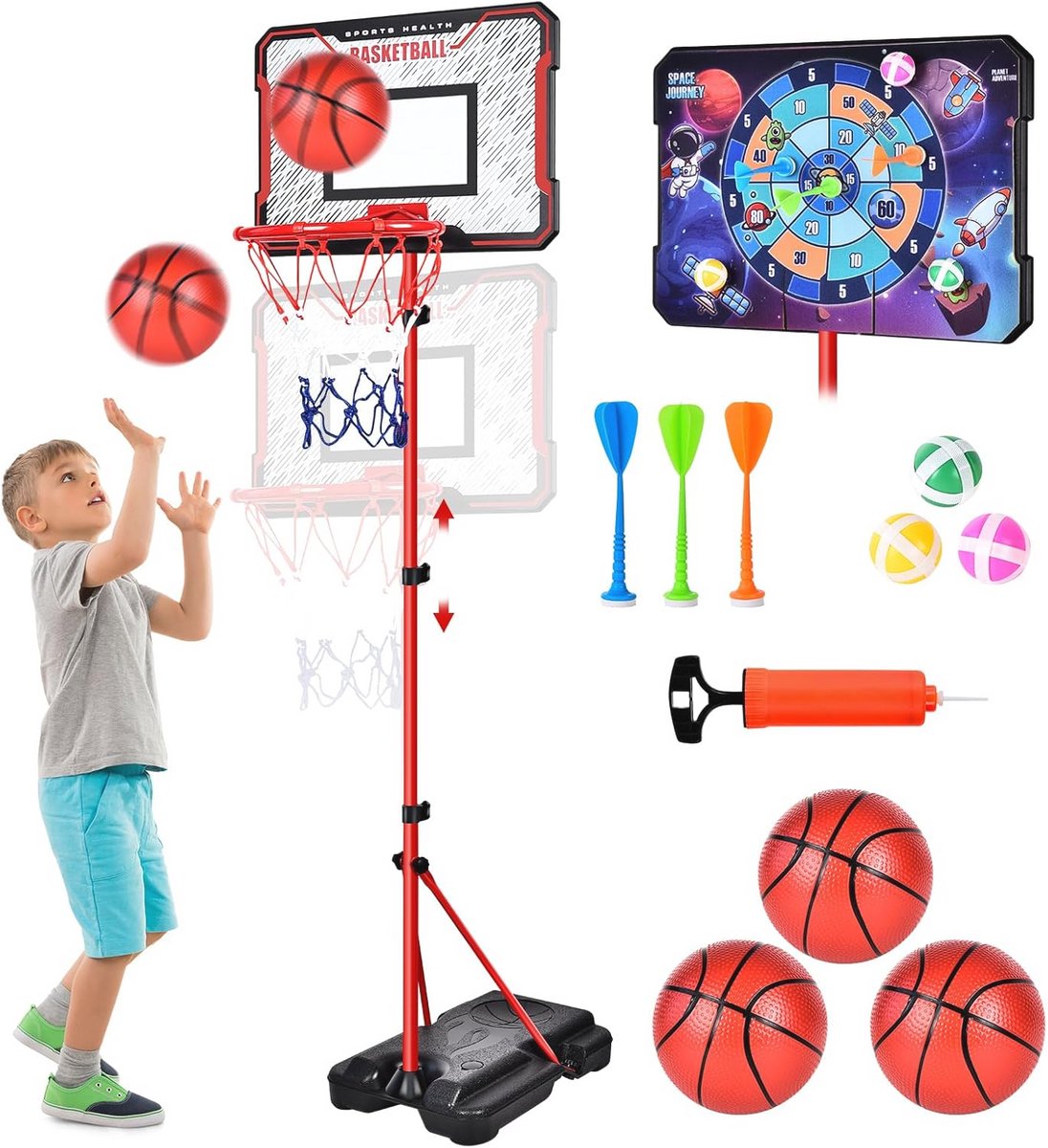 Verstelbare Basketbalkorf voor Kinderen - Inclusief Darts, Basketballen en Pomp - Geschikt voor Binnen en Buiten Spel