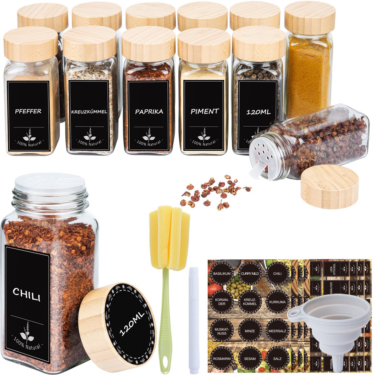 LZQ 12-delige vierkante kruidenpotjesset, glazen kruidenpotjes, 120 ml, met etiketten, stiften, reinigingsborstel en opvouwbare trechters voor het bewaren van kruiden in de keuken - met houten Deksels