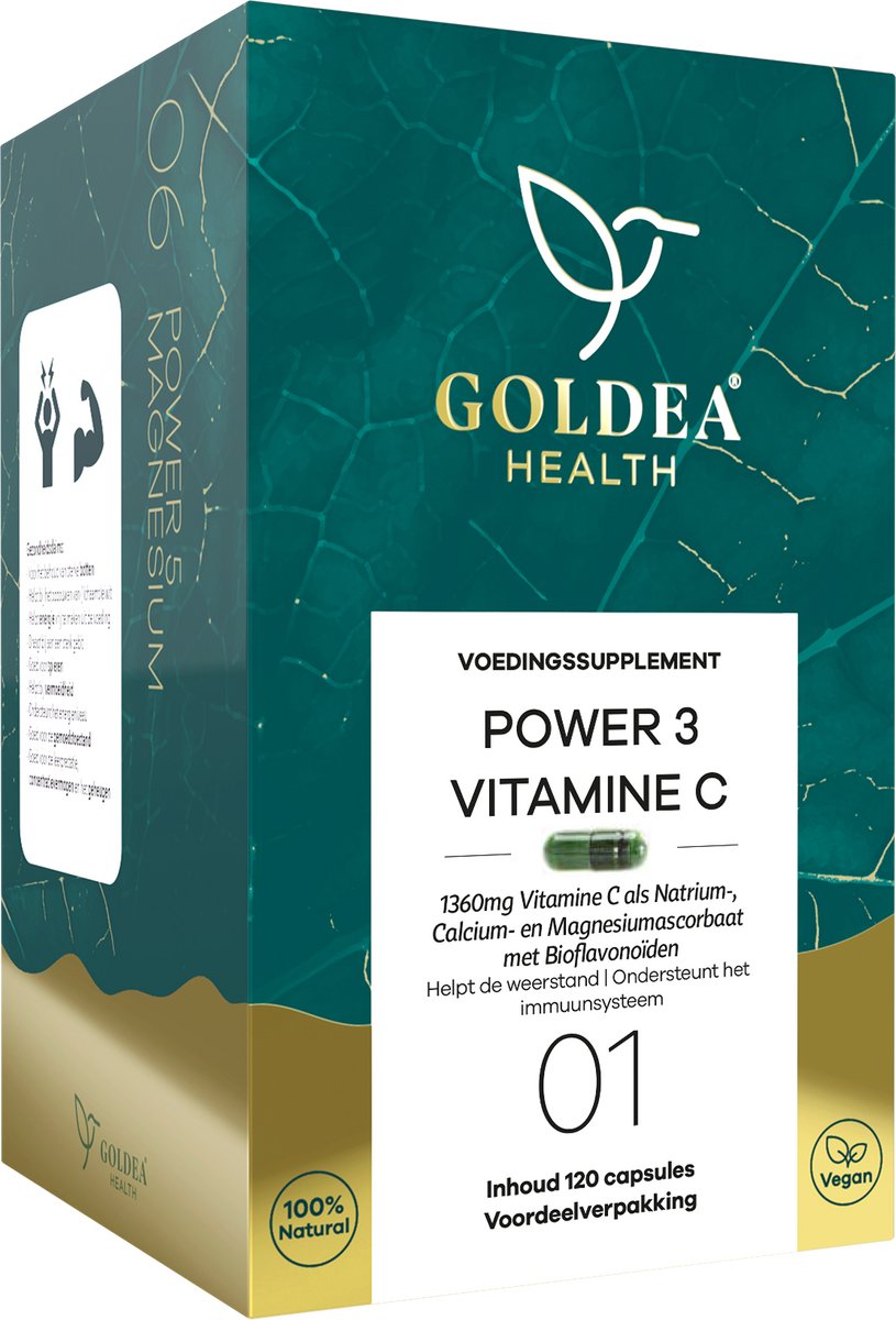 Goldea Health Power 3 Vitamin C - Vegan - Voedingssupplement - Vitamin C complex met natrium, calcium en magnesium ascorbaat - Met Bioflavonoïden - Voordeelverpakking - 120 Capsules