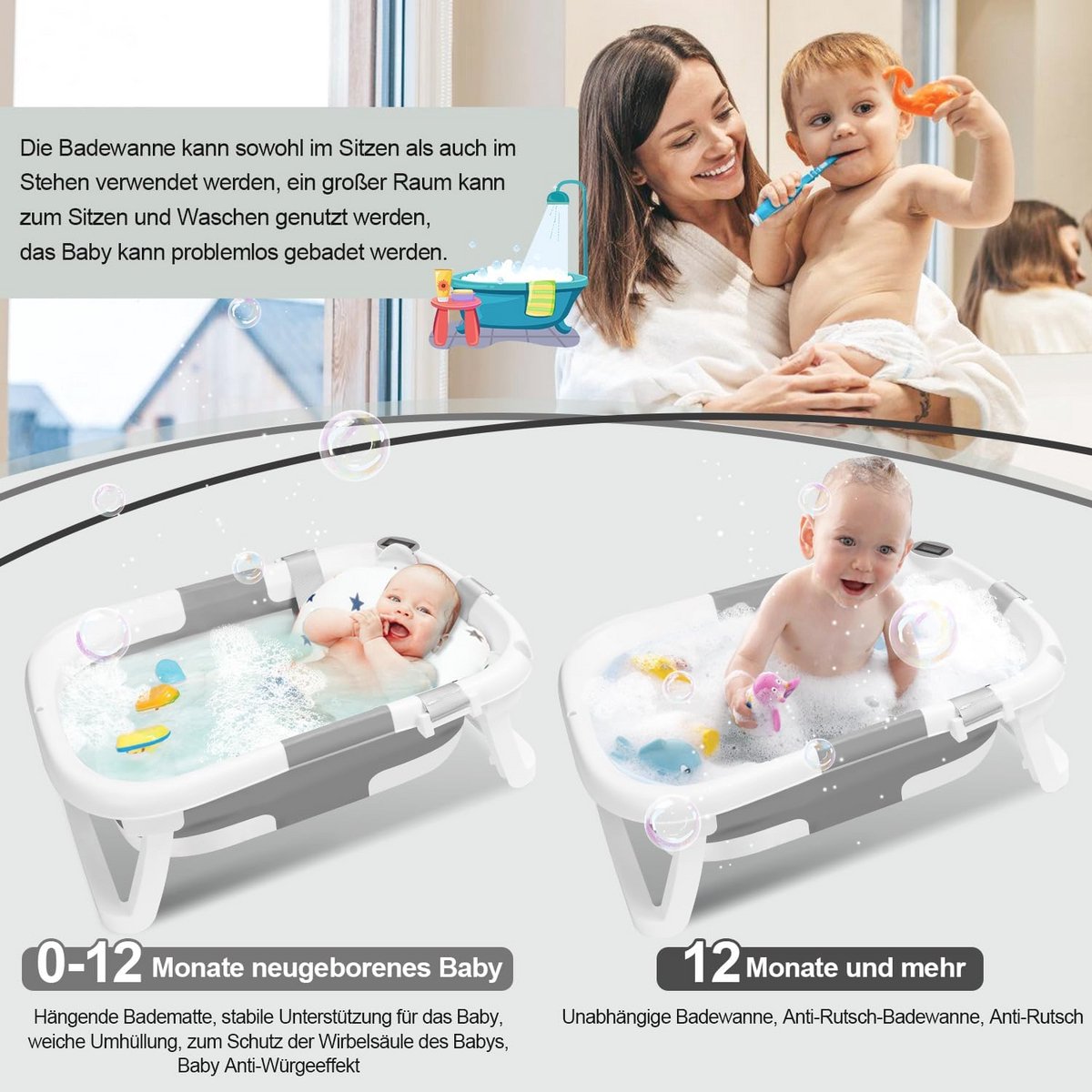 Opvouwbare Babybadkuip voor Baby's tot 36 maanden met Thermometer en Badmat - Praktische en Veilige Badervaring thumbnail 6