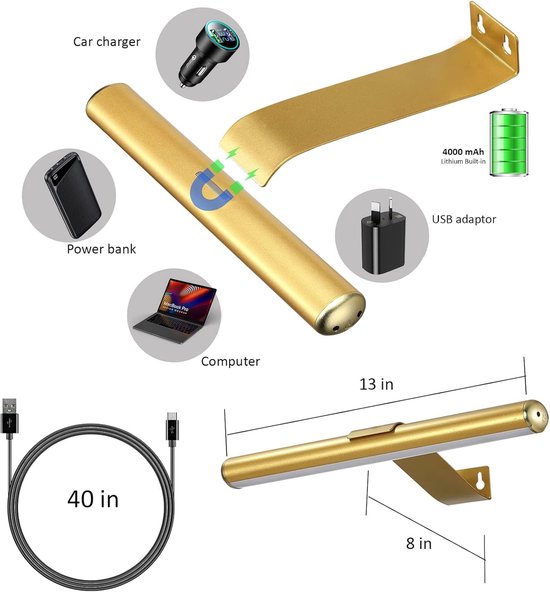 Draadloze schilderijlamp op batterijen, oplaadbare schilderijlamp met afstandsbediening, metalen kunstdisplaylamp, 3 standen, dimbare dartbordlamp met timer voor framegalerij, 300 lm, goud van Merkloos — afbeelding 2