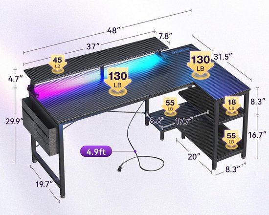 Gamingbureau met USB-oplaadpoorten en LED-verlichting - L-vormig met opbergplanken en monitorstandaard — afbeelding 4