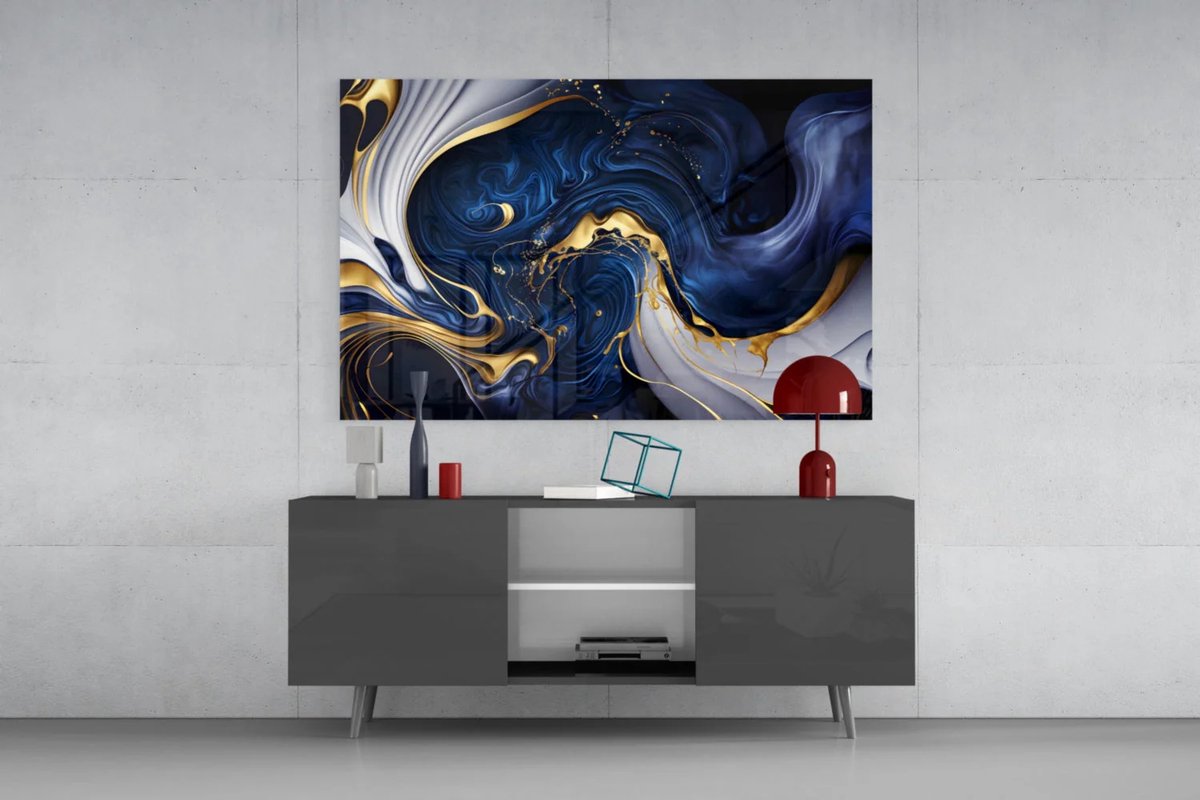 Insigne Art Glasschilderij – Abstract Blauw Goud Design – Luxe Moderne Wanddecoratie - 110x70 cm