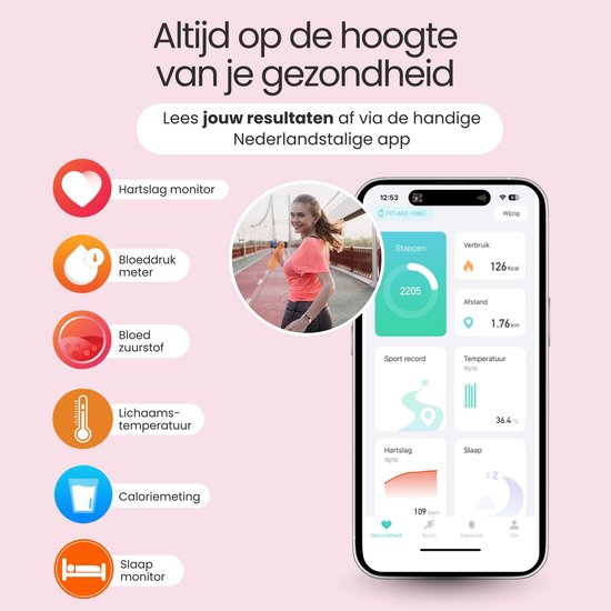 Groot scherm toont hartslag, stappen en sportgegevens. Vrouw in sportkleding wordt getoond met de app.