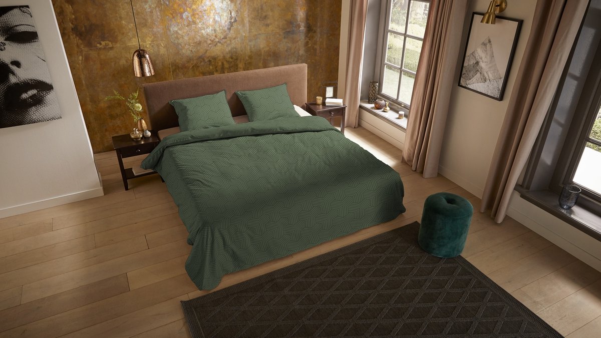 Pure dekbedovertrek geometrische print - 2 persoons 200x200/220 cm - Olijfgroen - Microvezel