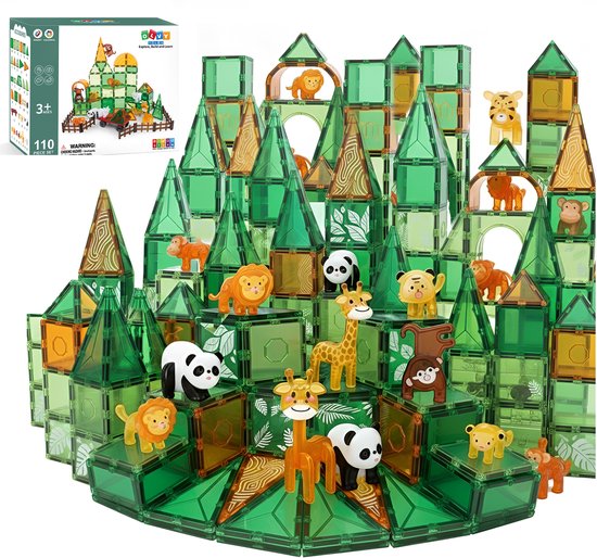 Magnetic Tiles - Speelgoed - 110 Stuks - Magnetische Tegels - Jungle - Dieren - Educatief & Constructie - Montessori - Bouwstenen - Bouwblokken - Bouw je Magna Wereld - Voor 3, 4, 5, 6, 7, 8, 9 Jaar - Kinderen - Olvy