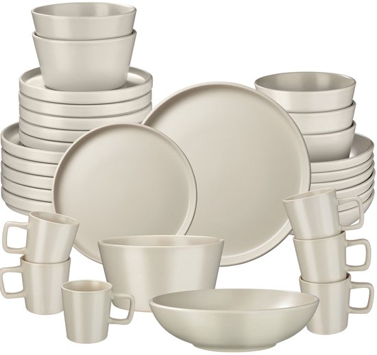 Ensemble de vaisselle tectake® Una - 30 pièces - Céramique - 6 Personnes - Vaisselle Élégante et Durable - Ensemble d'assiettes avec Grandes et Petites Assiettes, Koms, Bols - Tasses - Taupe