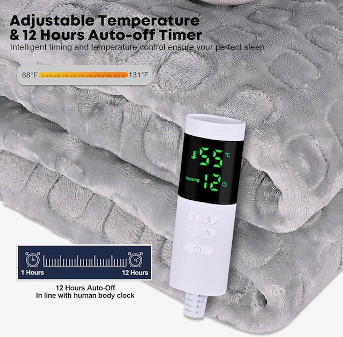 Luxe Warmtedeken 160x120 cm – Verwarmde Deken – Elektrisch – Electric Blanket – Heating – Voor op de Bank – Fleece – 230 Volt – Stoel – Grijs – foto 8