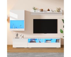 Re-purelife® TV Meubel Set met TV Kast, Wandkast en Plank - 3-Delig Luxe Woonkamer Set met Veel Opbergruimte - Moderne Hoogglans Afwerking - Geïntegreerde LED Verlichting Bedienbaar via Smartphone en Vitrine Opstelling - Wit