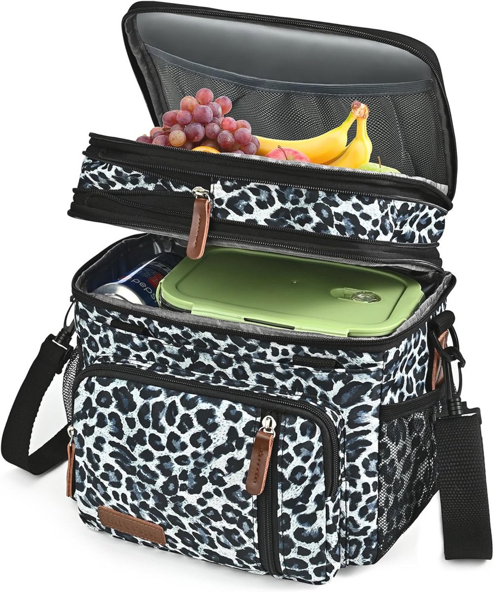 Dubbellaagse Lunchtas - Levensbestendige, Insulated, Grote Lunchtas (Leopard Print)