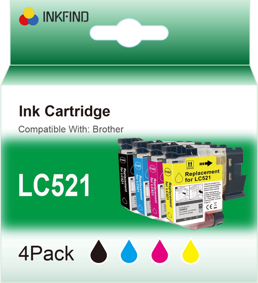 INKFIND LC521 Zwart/Cyaan/Magenta/Geel inktcartridge compatibel met Brother LC521 LC-521 LC521VAL multipack van 4 stuks (Zwart x 1, Cyaan x 1, Magenta x 1, Geel x 1) geschikt voor Brother DCP-J1260W/J1310DW/J1313DW/J1360DW/J1460DW - 4-pack BKCMY