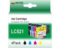 INKFIND LC521 Zwart/Cyaan/Magenta/Geel inktcartridge compatibel met Brother LC521 LC-521 LC521VAL multipack van 4 stuks (Zwart x 1,… - 4-pack BKCMY