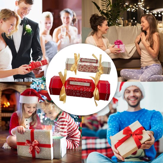 Rode en witte kerstcadeauhouders in de vorm van een cracker met strikjes en 'PULL HERE' label.