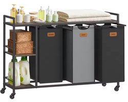 Wasmand 150L met 3 Vakken en Wielen – Metalen Frame met Houten Bovenblad & 2 Zijplanken – Uitneembare Waszakken – Laundry Sorter