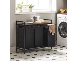 Wasmand 3 Vakken – Metalen Frame met Houten Blad – 3 Uitneembare Waszakken – Was Sorteren Toonbank – Zwart – 92,5 cm