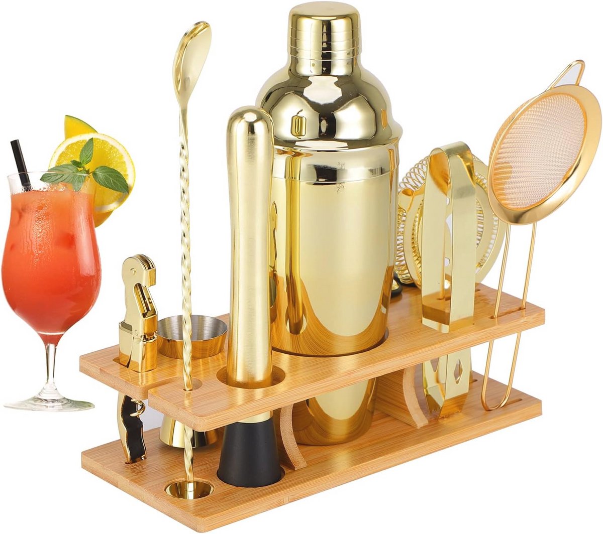 Cocktailshaker Set 11-delig met Bamboe Stand en Cocktailreceptenboek