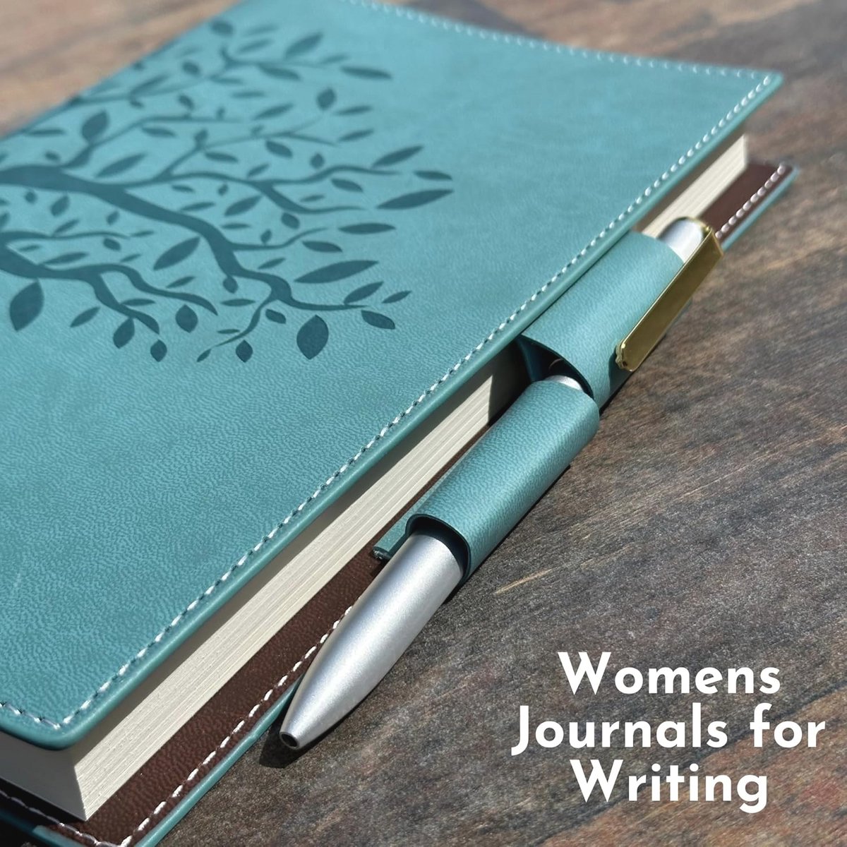 Hervulbaar dagboek met dubbele pennenhouder en luxe pen - 256 pagina's gelinieerd papier - groenblauw met levensboom — cadeau in Kalenders & Planners - foto 2