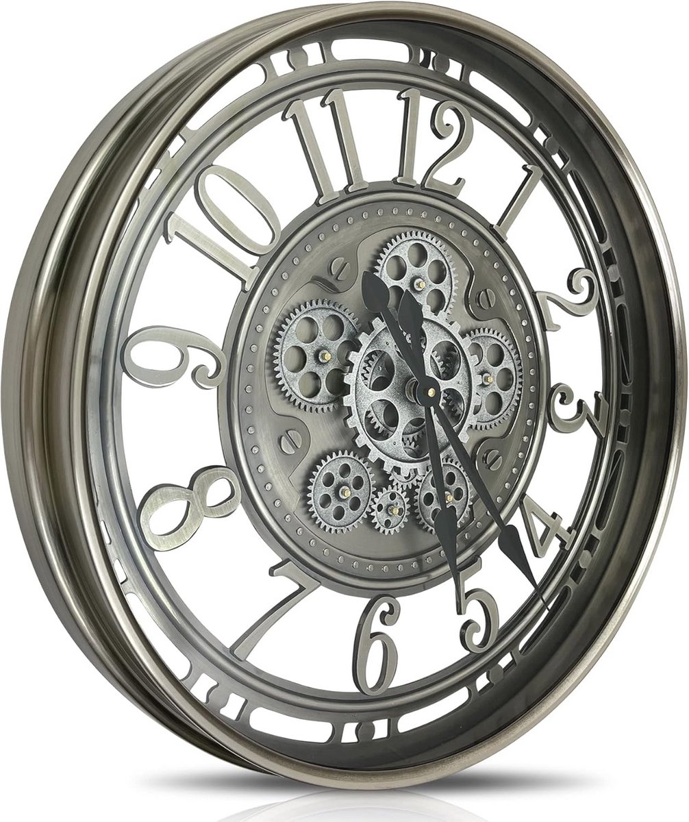Grote moderne metalen wandklok met bewegende tandwielen in industriële steampunk stijl - 53 cm
