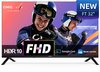 CHiQ TV met 'NEW FT 32"' en 'FHD HDR 10' logo's. Bevat een afbeelding van twee skiërs in blauwe outfits met helmen.