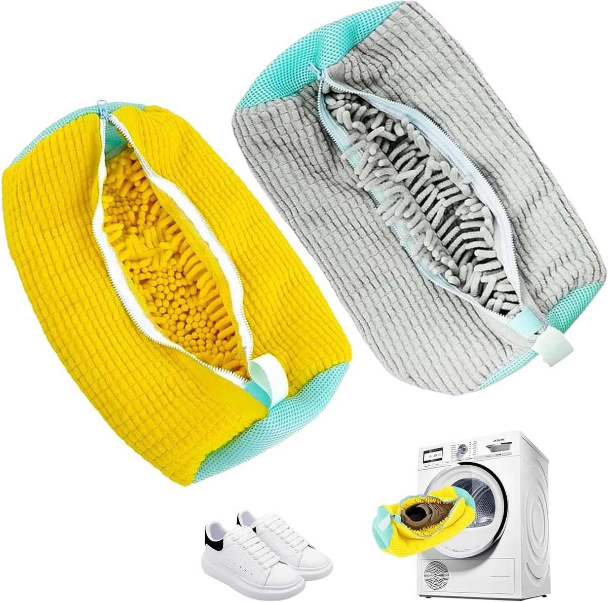 Allecta - Schoenen Waszakken voor Wasmachine - Herbruikbare en Duurzame Sneaker Waszakken - Schoen Reiniging - Mesh Waszakken - Grijs en Geel - Set van 2