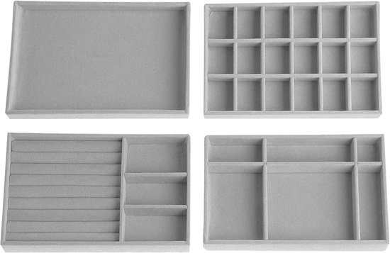 Papten Sieradendienblad, stapelbaar, van fluweel, sieradenopslag, lade, sieradeninzetstuk, organizer, 24 vakken, sieradendisplay voor sieraden, oorbellen, ring, grijs