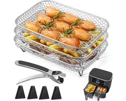 Grillrooster voor airfryer - Drielagig droogrek - Met klemmen en uitschuifbare poten - Rechthoekig grillrooster van roestvrij staal - Geschikt voor de Ninja airfryer met dubbele mand