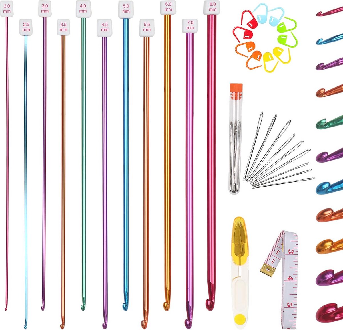 11-delige Tunesische haaknaaldenset met accessoires - Aluminium 2-8 mm voor breien