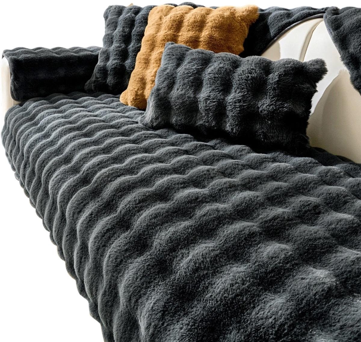 GELLDG Zachte pluche bankhoes - wasbaar - nieuwe antislip bankhoes - pluizige synthetische bankkussenhoes - meubelbeschermer - donkergrijs - 90x210 cm
