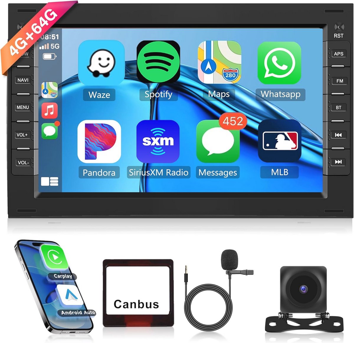7 Inch 2 Din Autoradio met Android 13, 4G RAM en 64G Opslag, Wifi, Bluetooth, GPS Navigatie voor VW T5, Golf 4, Bora, Polo, Passat B5, Jetta, Peugeot 307