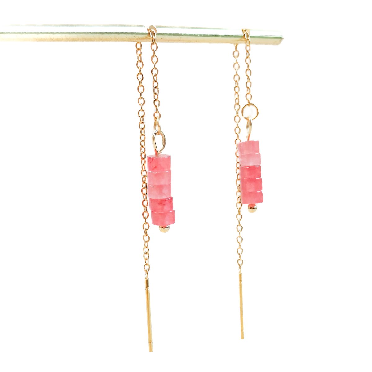 Ava & Imber Tenue Roze Chalcedoon Threader | Gouden Treader Oorbellen met Roze Chalcedoon Edelsteen Kraaltjes | Elegante Damesoorbellen Waterproof