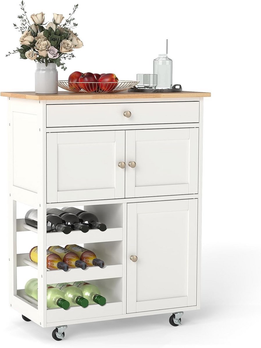 Multifunctionele Mobiele Keukentrolley met Wijnrek, Laden en Kasten - 67 x 37 x 86 cm Wit