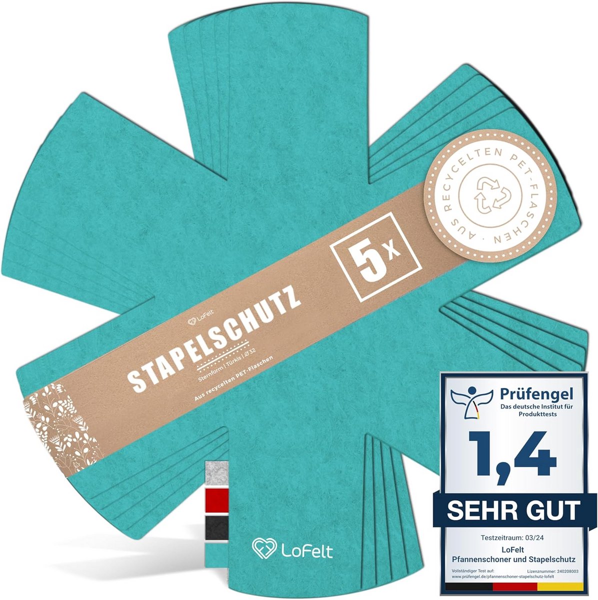 Pannenbeschermer en stapelbescherming - 5 stuks Ø 32 cm - vilt in turquoise - stervorm