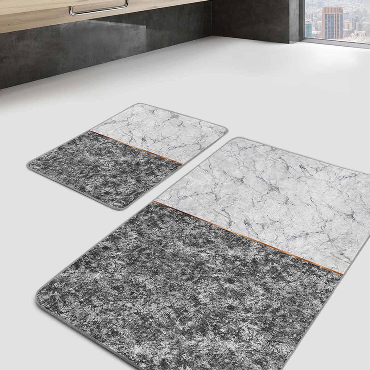 Boraboi® Badmat antislip 2 stuk set- Badmatten 60x100cm en 50x60cm,(Grijs,wit)