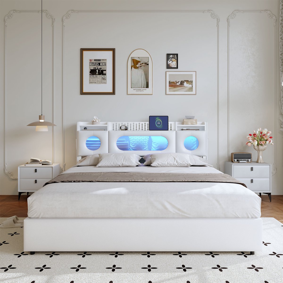 Gasveerbed 160x200 cm met LED-hoofdbord, USB en Type-C, opbergvak en opbergruimte onder het bed