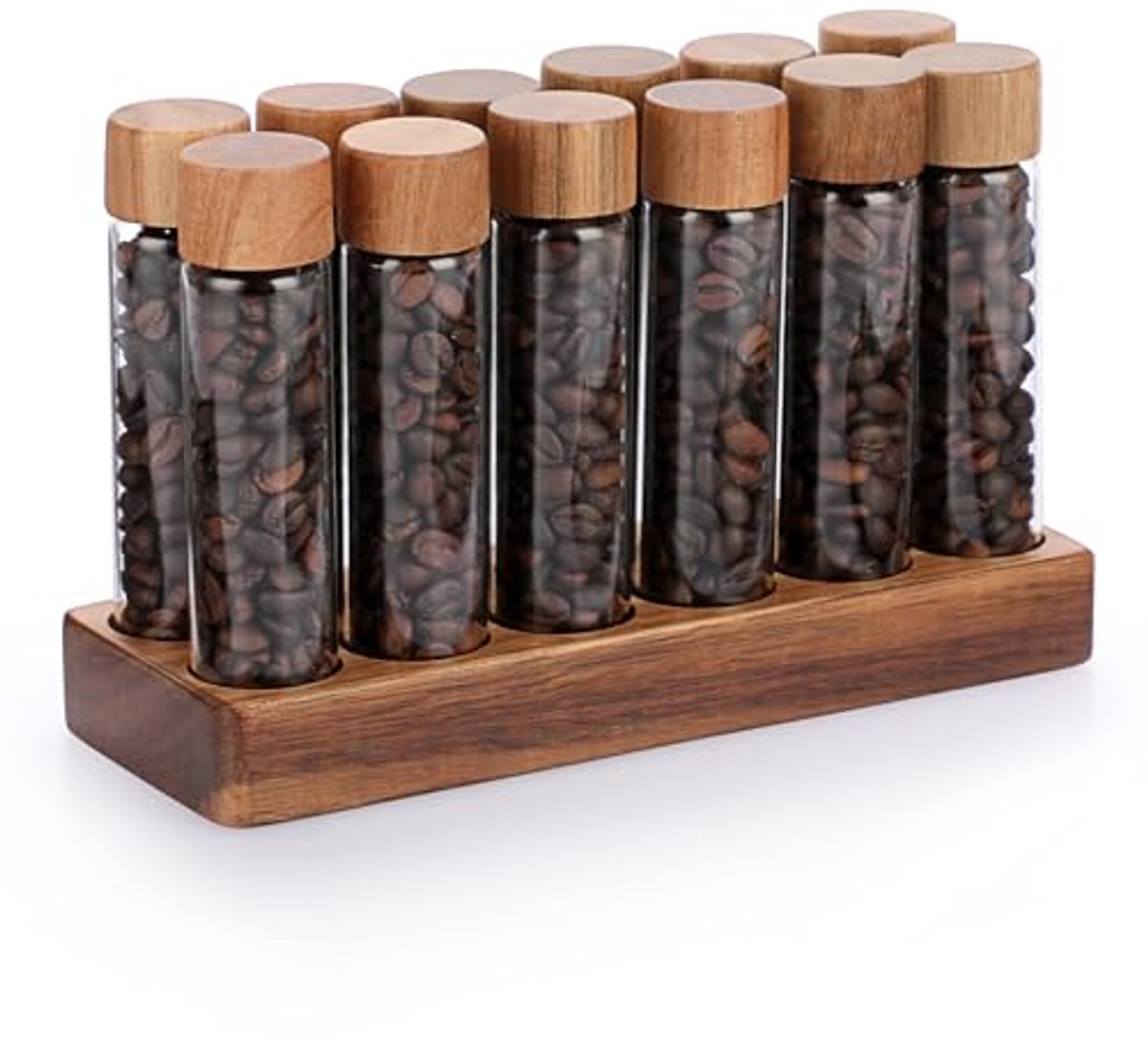 12-delige set met bewaarbuisjes voor koffiebonen in portieverpakkingen, inclusief houten rekje en deksel, glazen doseerflesjes voor koffiebewaring, koffiebonenpotjes, espressopotjes, 59,1 ml (2 fl oz)