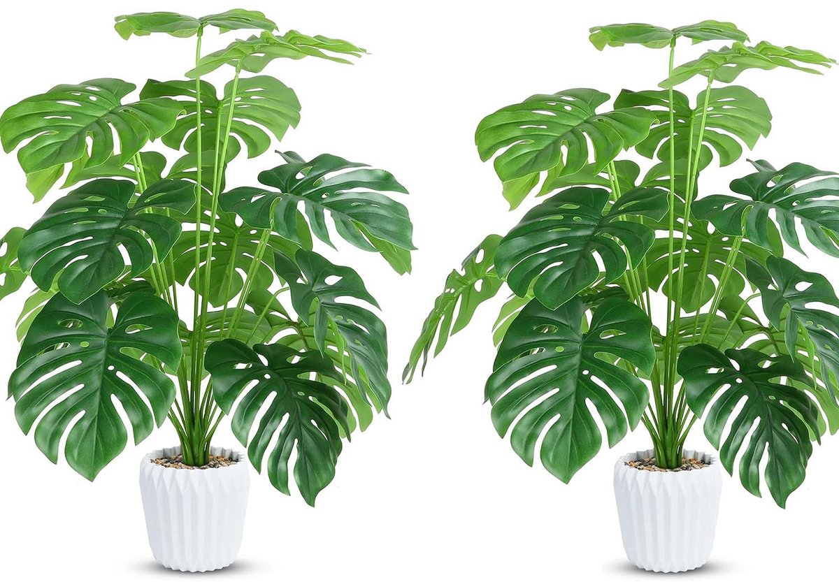 Unyqoos Set van twee decoratieve kunstplanten Monstera met verstelbare bladeren en pot Groen