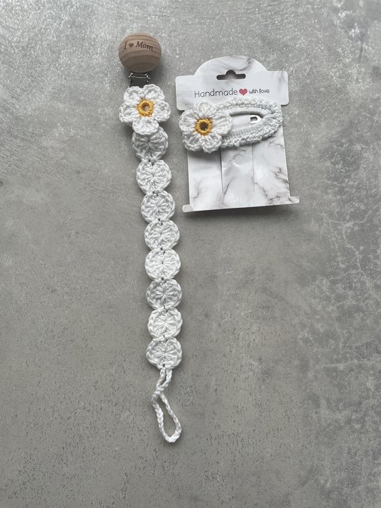 Maminobaby.nl baby geschenkset meisjes - Gebreid Babyslofjes - Handgemaakte Speenkoord en haarclip - Kraamcadeu - Babyshower — afbeelding 3