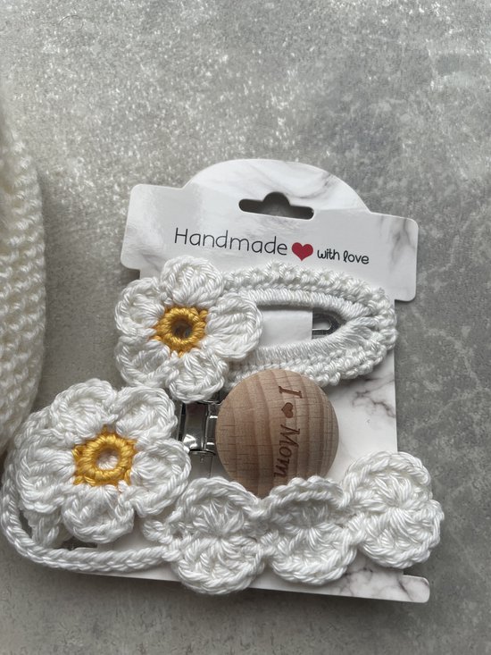 Maminobaby.nl baby geschenkset meisjes - Gebreid Babyslofjes - Handgemaakte Speenkoord en haarclip - Kraamcadeu - Babyshower — afbeelding 4